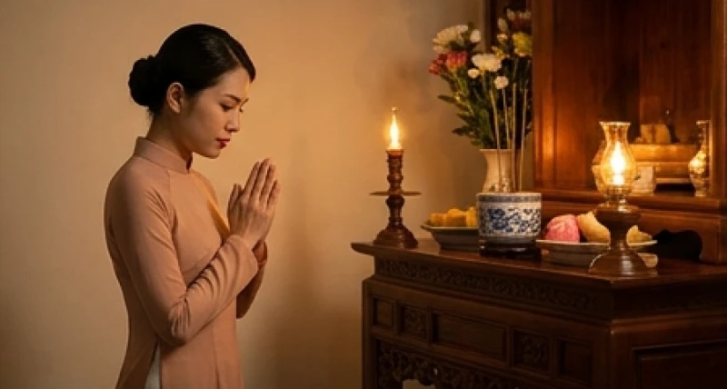 Người phụ nữ mặc áo dài truyền thống thành tâm chắp tay đứng trước ban thờ đọc văn khấn ngày giỗ chồng