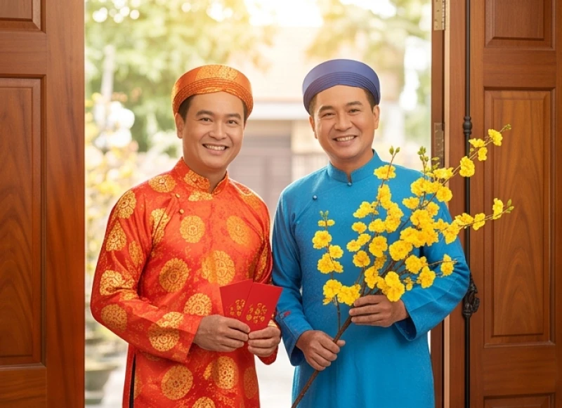 Hai người đàn ông trung niên tươi cười mang theo cành mai vàng đến xông đất cho gia chủ tuổi Tỵ