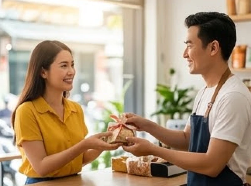 Vị khách hàng vui vẻ, xởi lởi đang nhận món đồ từ tay người chủ trong ngày đầu khai trương