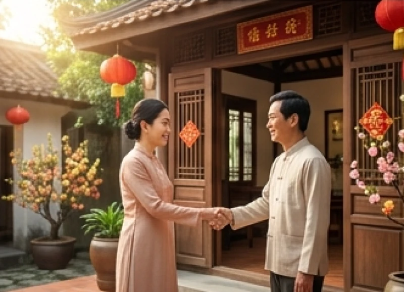 Tử vi tuổi Giáp Dần 1974 năm 2026: Lịch 12 tháng và giải hạn 11 Hai người mỉm cười rạng rỡ bắt tay nhau trước cửa nhà ngày đầu năm Bính Ngọ