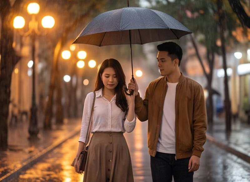 Chàng trai dịu dàng che ô cho cô gái đi dưới cơn mưa lất phất trong buổi tối ánh đèn vàng