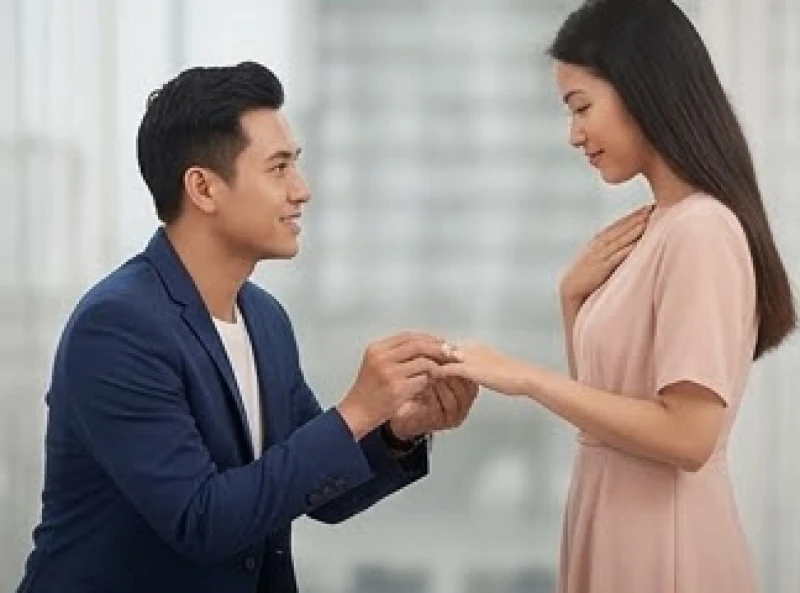 Chàng trai quỳ gối trao nhẫn cho bạn gái trong một không gian mờ ảo lãng mạn