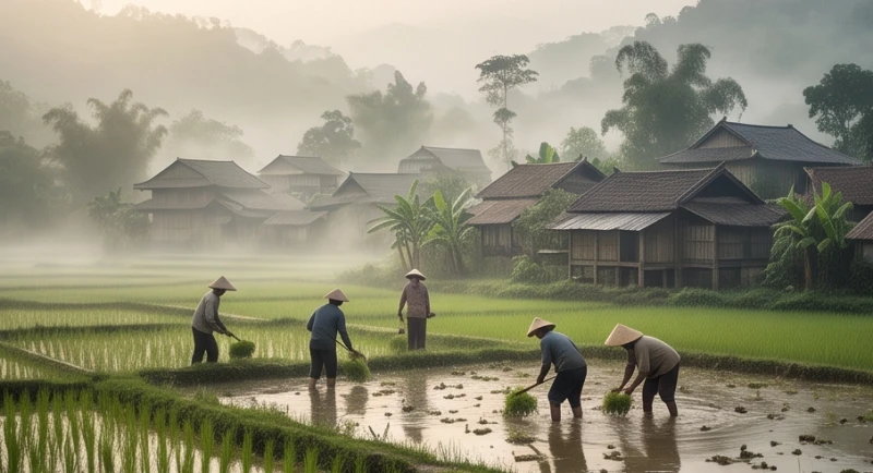 Sổ mơ là gì: Bản chất dân gian và ranh giới tâm lý học 3 Làng quê nông nghiệp truyền thống Á Đông chìm trong lớp sương mù buổi sớm huyền ảo