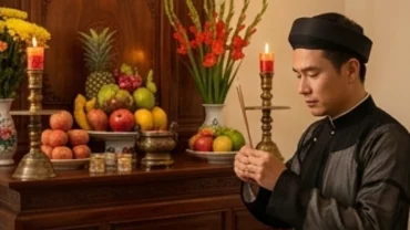 Người đàn ông chắp tay đọc văn khấn trước bàn thờ gia tiên, tái hiện nguồn gốc văn khấn Việt Nam qua nghi lễ trang nghiêm