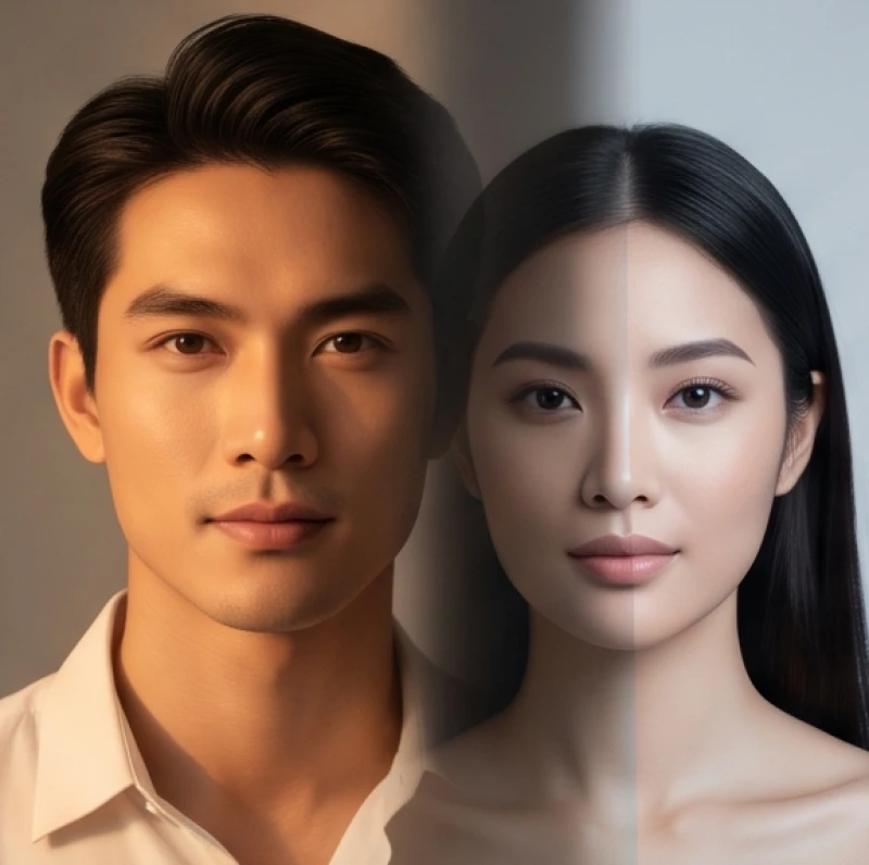 Biểu tượng âm dương kết hợp cùng hình ảnh nam và nữ phản ánh quy luật đánh giá phong thủy khuôn mặt