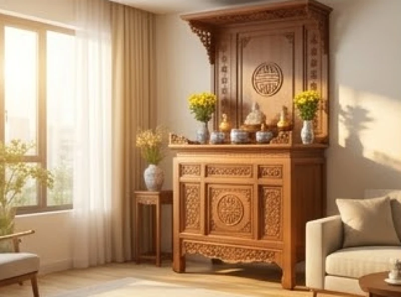 Bàn thờ bằng gỗ tự nhiên đặt tại vị trí trung tâm căn nhà ngập tràn ánh sáng theo nguyên lý tọa cát hướng cát