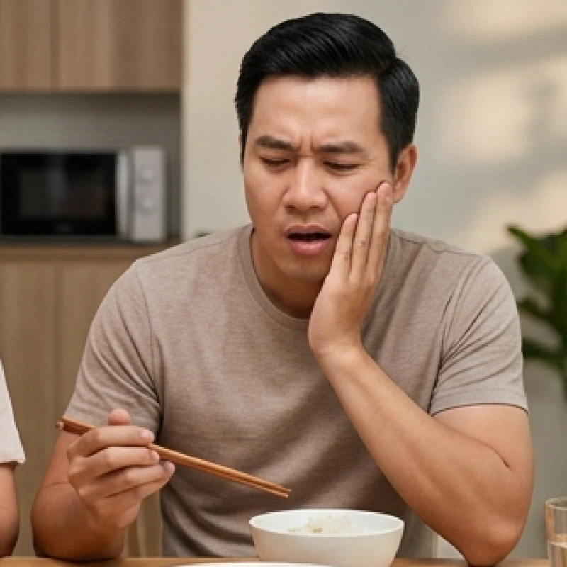 Người đàn ông nhăn mặt vì đau khi vô tình cắn trúng lưỡi trong bữa ăn gia đình