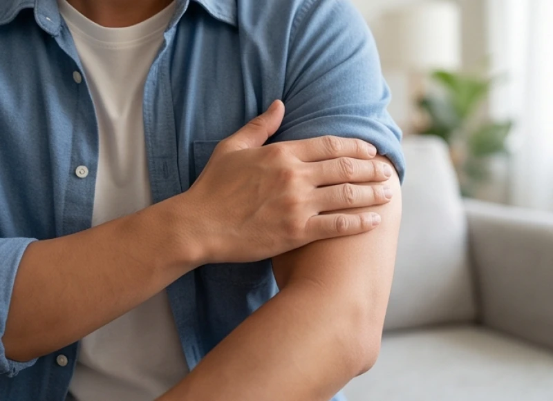 Nam giới dùng tay xoa bóp vùng bắp tay đang bị rung giật nhẹ liên tục để làm dịu cảm giác khó chịu