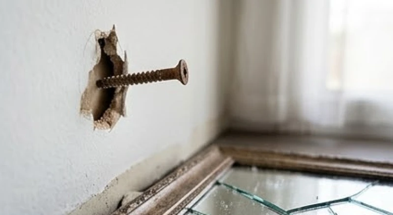 Chiếc gương treo tường khung gỗ rơi vỡ do đinh vít bị rỉ sét bong tróc khỏi mảng tường thạch cao.