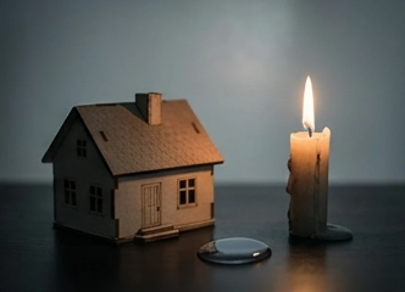 Mô hình ngôi nhà nhỏ đặt cạnh ngọn nến đang cháy dở và một giọt nước trên nền gỗ tối màu
