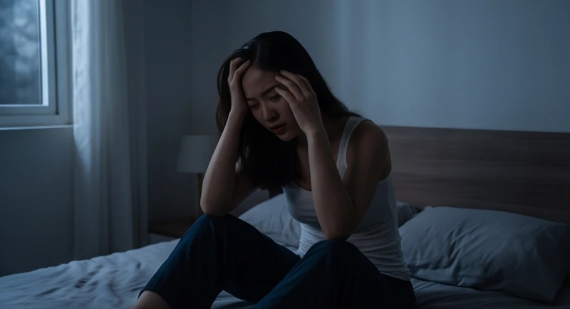 Mơ thấy chảy máu răng: Ý nghĩa theo vị trí và con số may mắn 1 Người phụ nữ mệt mỏi và lo âu trên giường sau khi mơ thấy chảy máu răng lúc nửa đêm