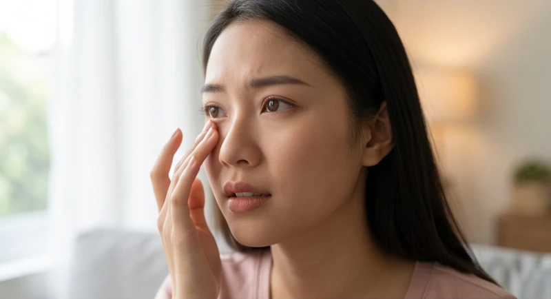 Cô gái nhắm nhẹ mắt trái bộc lộ cảm giác ngứa ngáy và cộm rát trên bề mặt kết mạc bờ mi