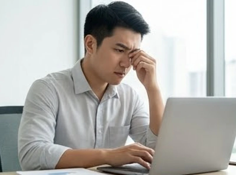 Đàn ông châu Á đang làm việc căng thẳng trước màn hình máy tính dẫn đến hiện tượng mỏi và giật cơ mí mắt liên tục