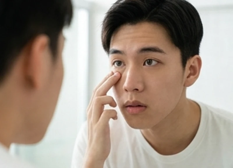 Thanh niên cẩn thận soi gương kiểm tra tình trạng nhức hốc mắt trái để xem có bị đỏ hay sưng mí