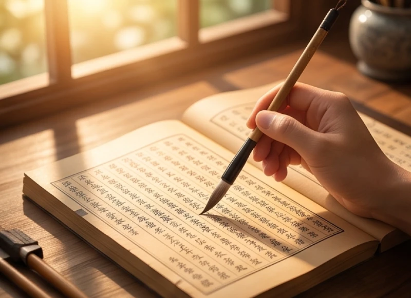 Bàn tay đang cầm bút lông chỉ vào một giờ cụ thể trên quyển sách tử vi phong thủy