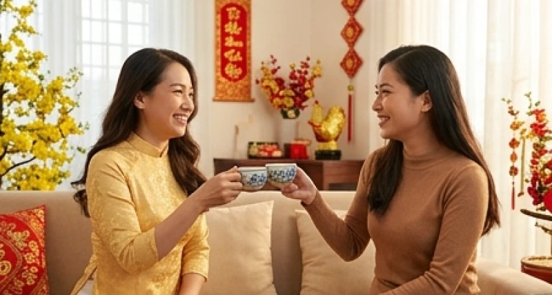 Gia chủ tuổi Dậu chọn người xông đất năm 2027: Phân tách nạp âm 6 Hai người bạn vui vẻ nâng ly trà chúc mừng năm mới trong không gian phòng khách ấm cúng