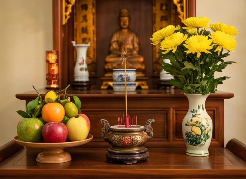 Văn khấn tại miếu: Hướng dẫn sắm lễ, bài trí và bài khấn chuẩn 5 Ban thờ bài trí đúng phong thủy với bình hoa cúc vàng bên phải và đĩa ngũ quả bên trái