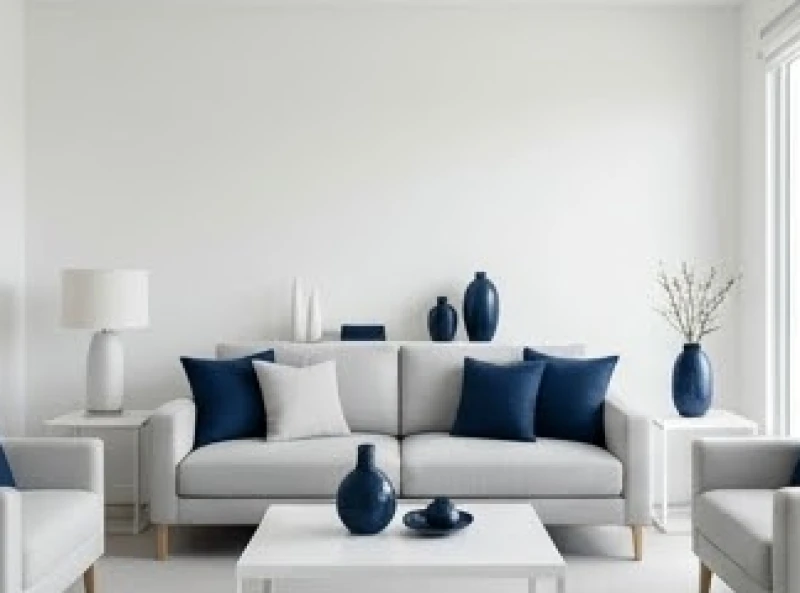 Phòng khách hiện đại ứng dụng tỷ lệ phối màu 60 30 10 với nền tường trắng, sofa xám nhạt và gối tựa màu xanh đậm