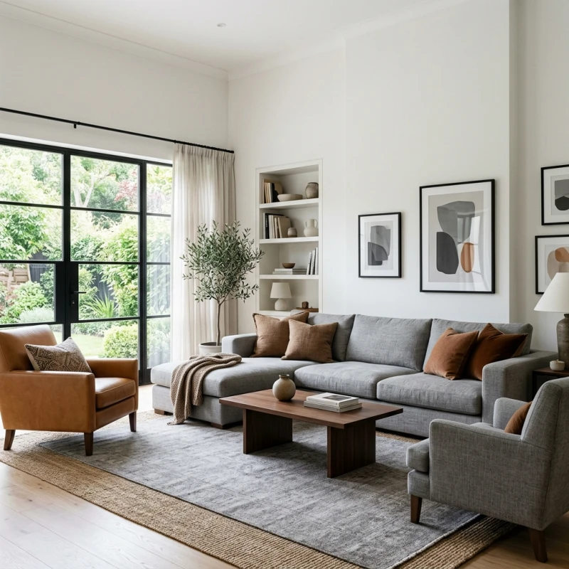 Phòng khách hiện đại được phối màu sắc chuẩn theo tỷ lệ vàng 60-30-10 mang lại sự thông thoáng