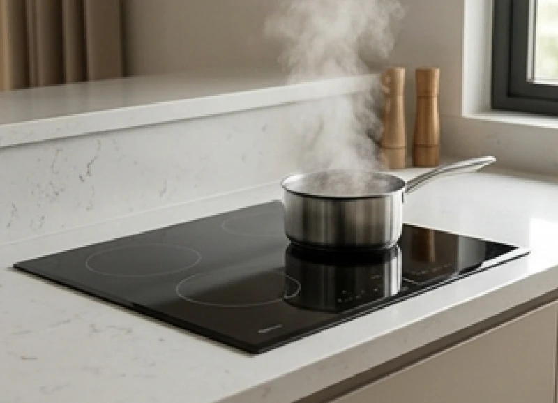 Bếp từ hiện đại được đặt vững chãi trên mặt đá bếp, biểu tượng cho sức mạnh của hành Hỏa trấn áp hung khí