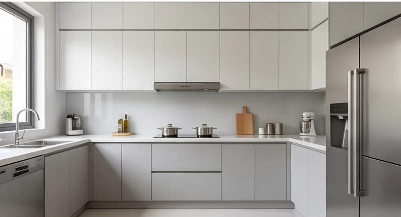 Hướng bếp hợp tuổi Thân: Sơ đồ tọa hung và cách trấn trạch 6 Không gian phòng bếp màu trắng xám hiện đại vô cùng phù hợp với ngũ hành tương sinh của người mệnh Kim