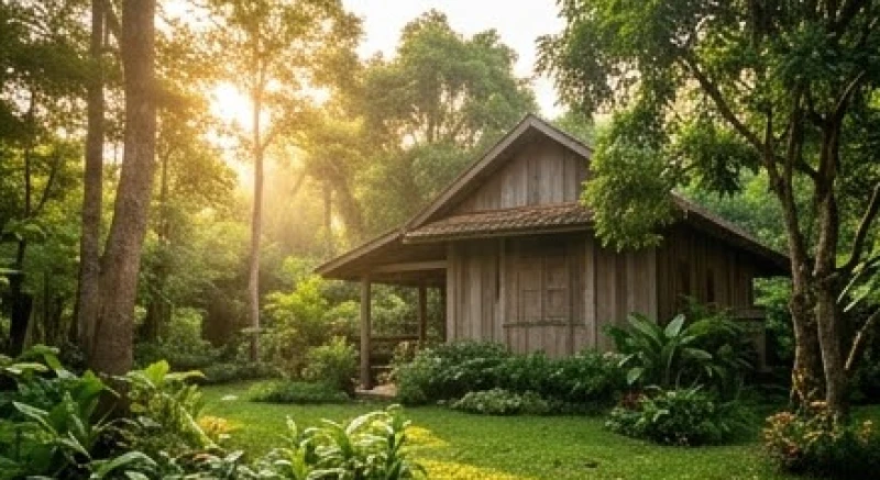 Mơ thấy dựng nhà gỗ là điềm gì: Ý nghĩa hành Mộc & số tài lộc 2 Ngôi nhà gỗ đơn sơ nằm giữa khu vườn xanh mát tràn ngập ánh nắng mặt trời ấm áp