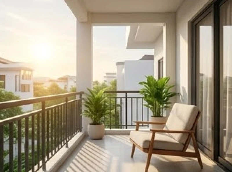 Ban công nhà ở hướng Đông Nam ngập tràn ánh nắng ấm áp buổi sớm mai