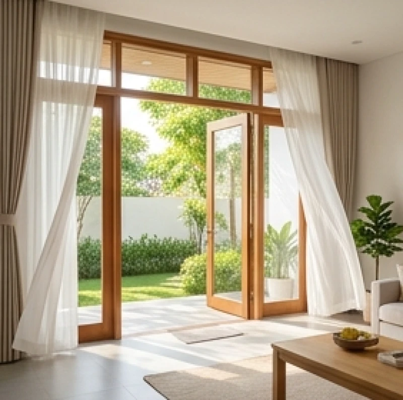 Phòng khách tràn ngập ánh sáng tự nhiên với cửa chính mở về hướng Nam đón gió mát