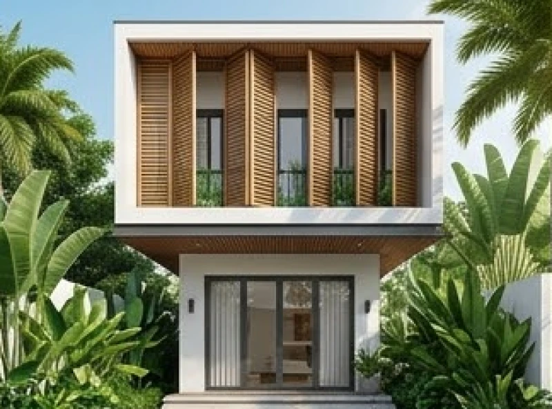 Mặt tiền nhà hướng Tây được thiết kế lam chắn nắng và trồng nhiều cây xanh