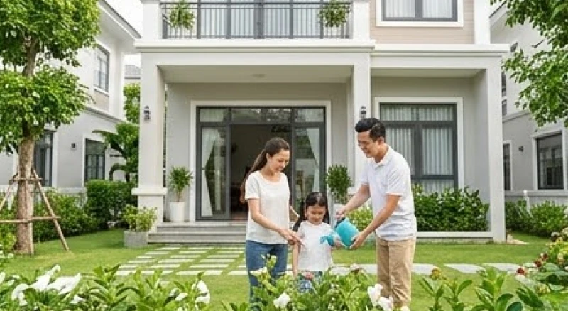 Mơ thấy mua bán nhà đất: Giải mã điềm báo và con số may mắn 3 Gia đình nhỏ hạnh phúc đang tưới cây trước khoảng sân rộng của một ngôi nhà mặt đất khang trang