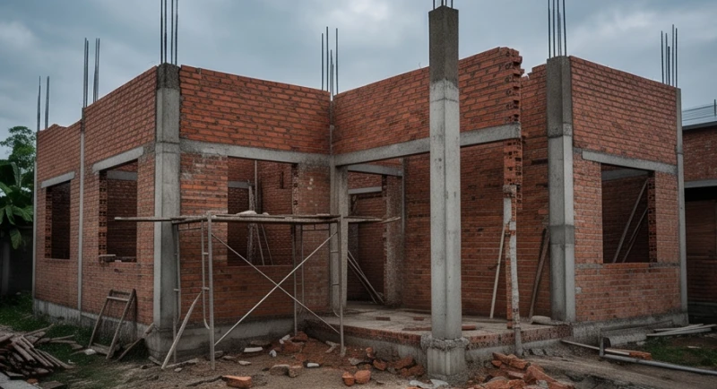 Mơ thấy nhà mới là điềm gì: Giải mã theo giới tính và ngũ hành 5 Khung cảnh thi công nhà ở bị đình trệ với những bức tường gạch thô ráp và hệ thống giàn giáo chưa được gỡ bỏ