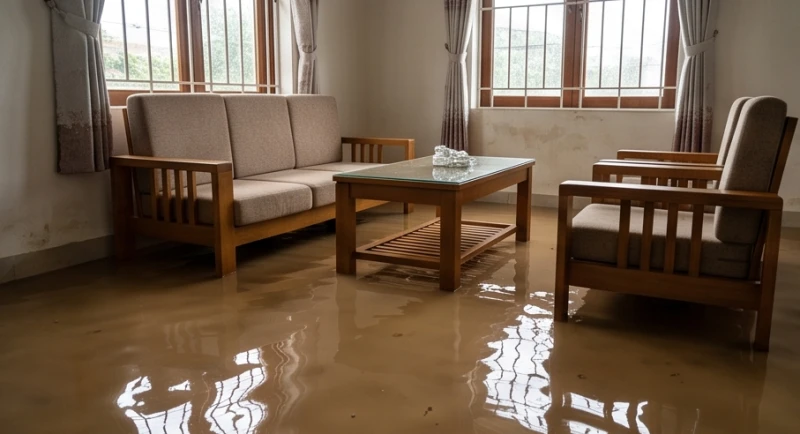 Nhà bị ngập là điềm gì: Phân tích theo nguồn nước & cách xả xui 4 Nước lũ đục ngầu cuốn theo bùn đất tràn vào ngập ngang chân ghế sofa trong phòng khách