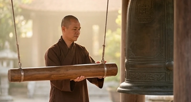 Một vị sư thầy mặc trang phục áo nâu sồng đang thỉnh một hồi chuông giữa không gian thiền viện