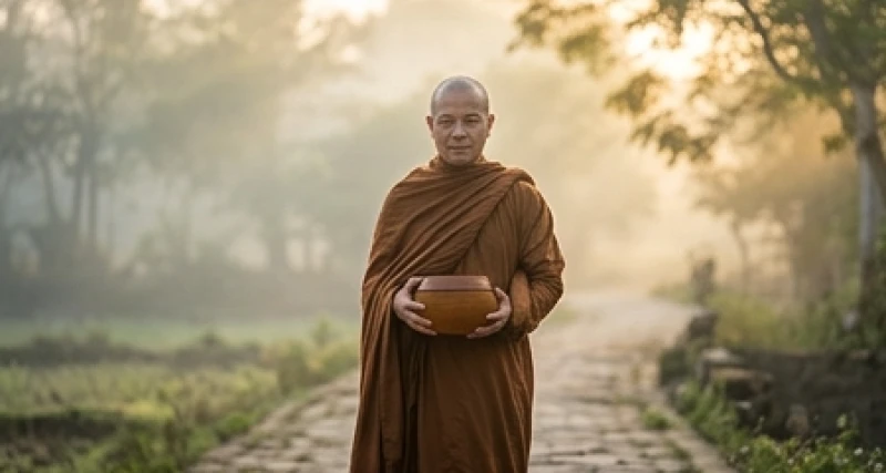 Mơ thấy nhà sư là điềm gì? Giải mã điềm báo & cách hóa giải 2 Tăng sĩ cầm bình bát gỗ bước đi khoan thai trên con đường ngập tràn sương sớm và ánh nắng ban mai