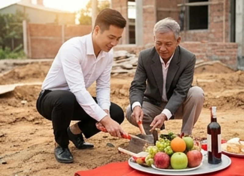 Chú rể và người lớn tuổi đang làm lễ cúng động thổ mảnh đất chuẩn bị xây nhà tân hôn