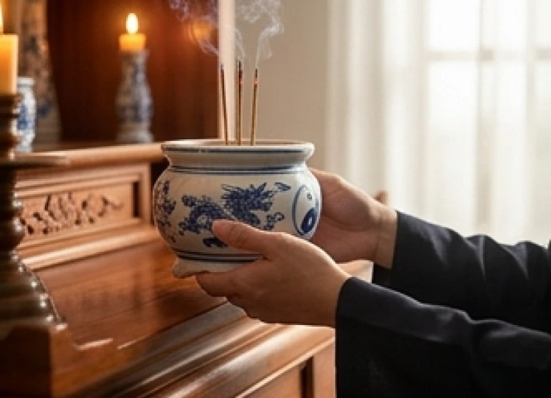 Văn khấn di chuyển bát hương: Bài cúng chuẩn và quy trình an vị 2 Đôi bàn tay cẩn trọng bưng bát hương bằng gốm sứ có họa tiết rồng sau khi nhang đã tàn