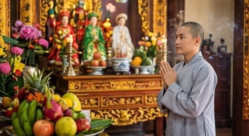 Văn khấn ban Mẫu: Bài cúng chuẩn và trình tự dâng lễ tại đền chùa 7 Người phụ nữ mặc áo tràng lam đứng trang nghiêm chắp tay đọc văn khấn trước điện thờ Mẫu