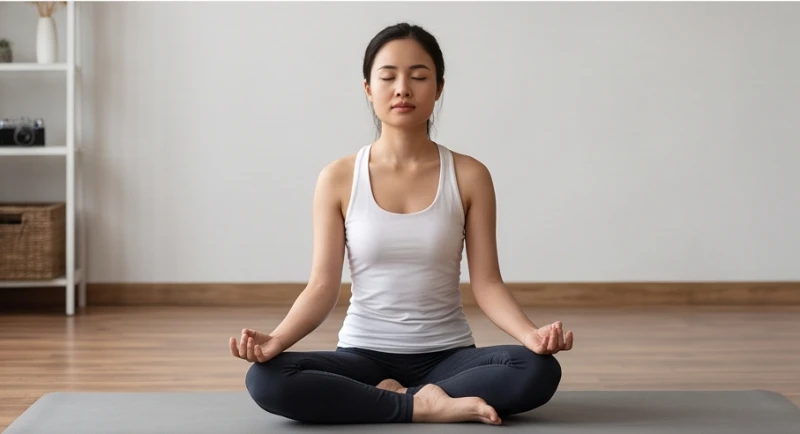 Người phụ nữ ngồi nhắm mắt và thực hành bài tập hít thở sâu trên thảm yoga