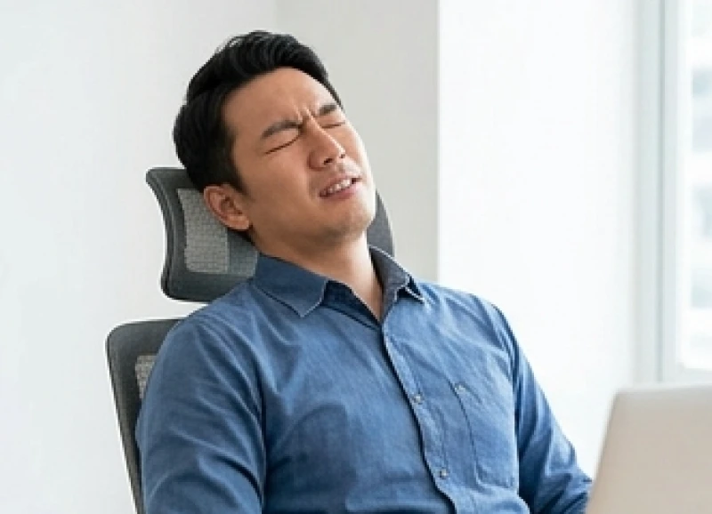 Người đàn ông nhắm nghiền mắt và tựa đầu vào ghế để giảm bớt áp lực căng tức sâu bên trong nhãn cầu