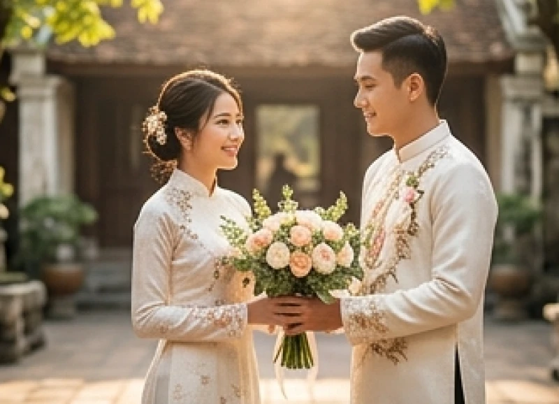 Chú rể tươi cười trao hoa cưới cho cô dâu trẻ trung xinh đẹp trong trang phục cưới hiện đại pha nét cổ truyền