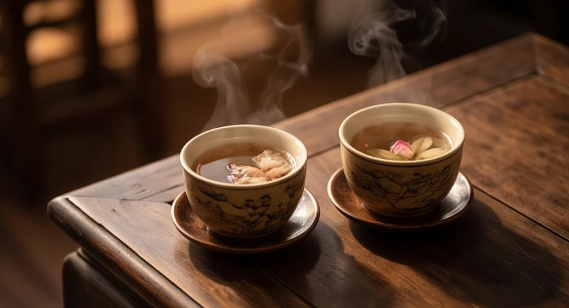 Hai tách trà nóng đặt cạnh nhau trên chiếc bàn gỗ cổ trong không gian yên tĩnh dành cho sự chia sẻ