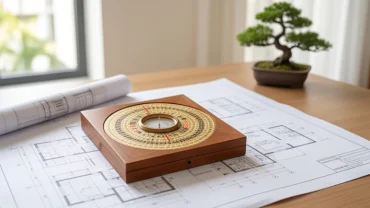 La bàn phong thủy Bát Trạch đặt trên bản vẽ thiết kế nhà giúp xác định nhâm tý 1972 hợp hướng nào
