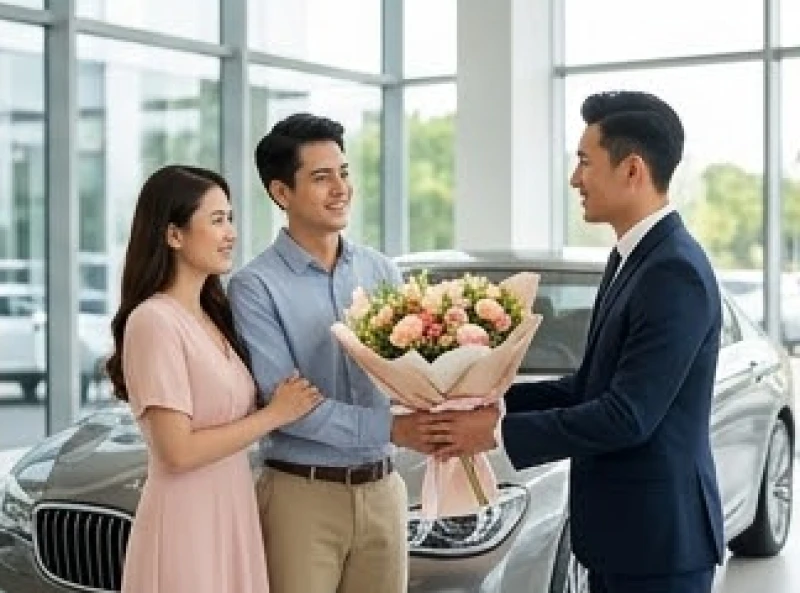 Cặp đôi háo hức nhận bó hoa chúc mừng từ nhân viên đại lý trong ngày rước xe đầu năm