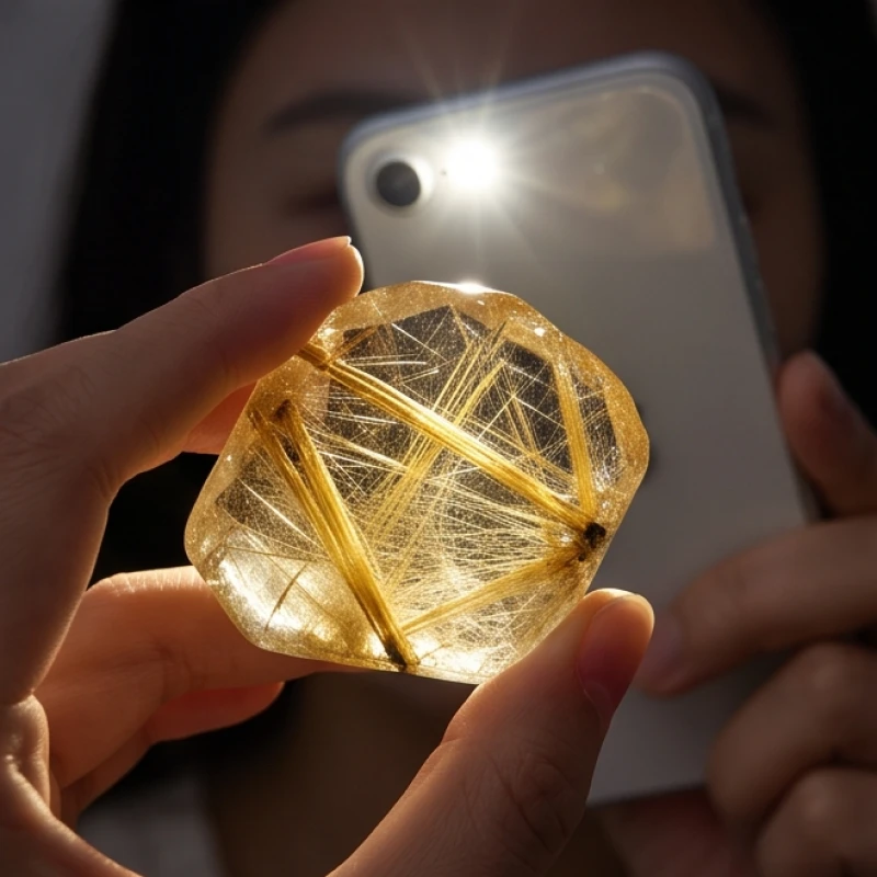 Soi đèn flash qua viên đá thạch anh tóc để kiểm tra độ thật giả của các sợi tinh thể
