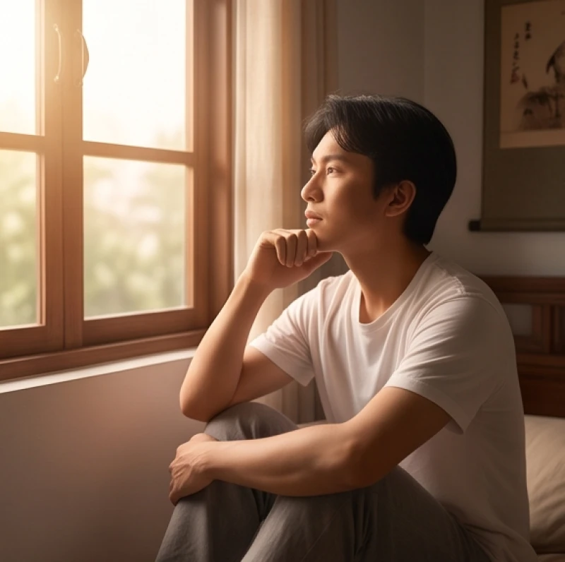 Gương mặt trầm tư của một người đang hồi tưởng lại những cảm xúc mãnh liệt từ giấc mộng ban đêm