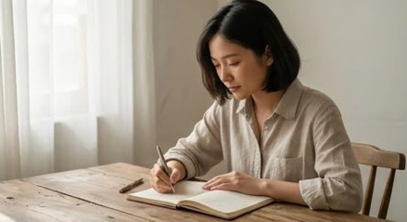 Một người phụ nữ đang ngồi ghi chép bình tĩnh tại quán cà phê để phân tích tín hiệu cảm xúc cá nhân