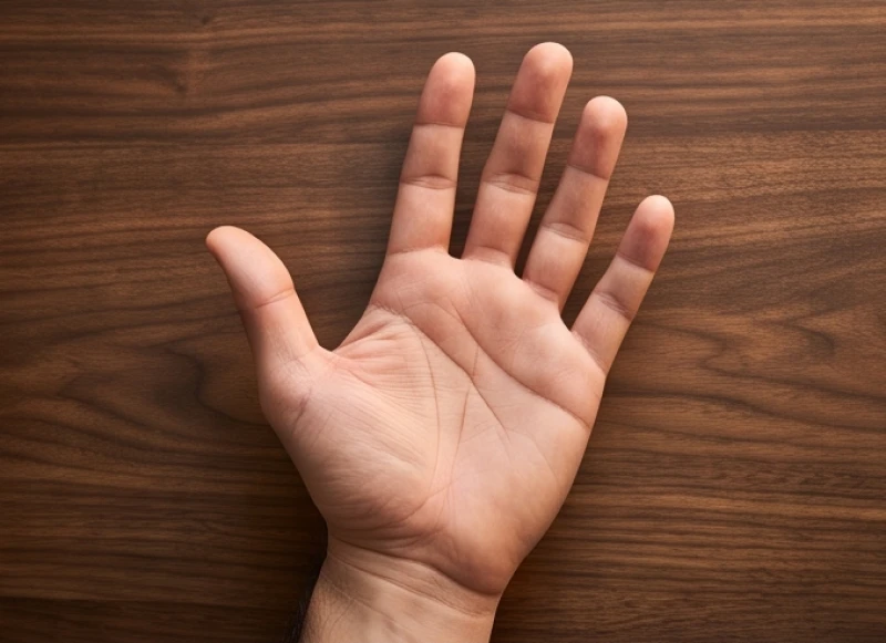 Bàn tay nam giới có đường chỉ tay đứt nét mờ ảo dưới ánh đèn vàng
