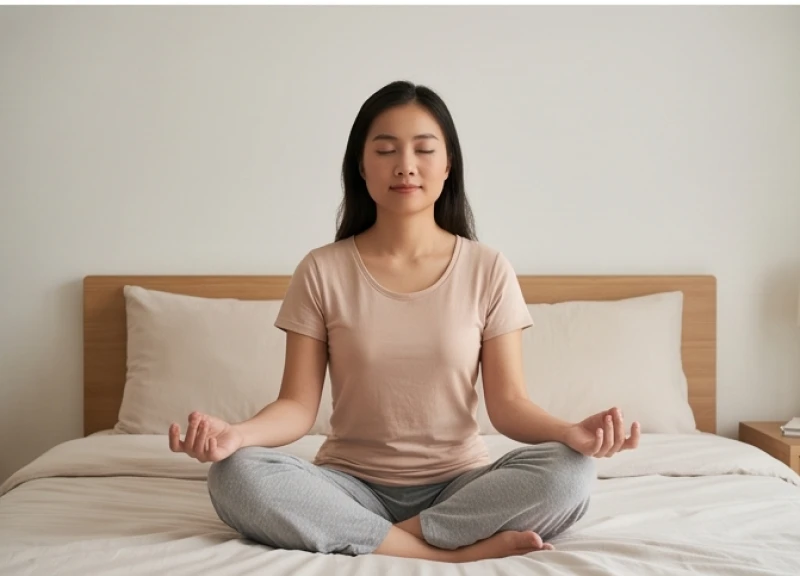 Tại sao con người nằm mơ: Cơ chế sinh học và mẹo ngủ sâu giấc 10 Người phụ nữ nhắm mắt thiền định nhẹ nhàng ngay trên giường ngủ để rèn luyện kỹ năng kiểm soát tâm trí