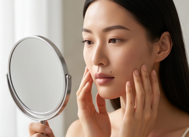 Người phụ nữ soi gương kiểm tra các vị trí nốt ruồi may mắn trên khuôn mặt