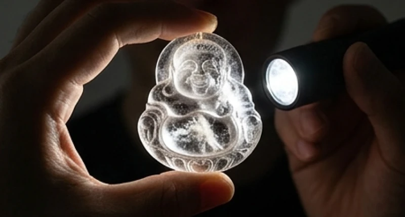 Dùng đèn pin soi chiếu qua mặt Phật bằng đá tự nhiên để kiểm tra các đường vân rạn và bọt khí siêu nhỏ bên trong